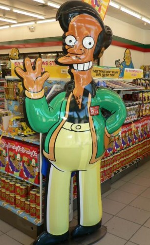 Apu greets customers